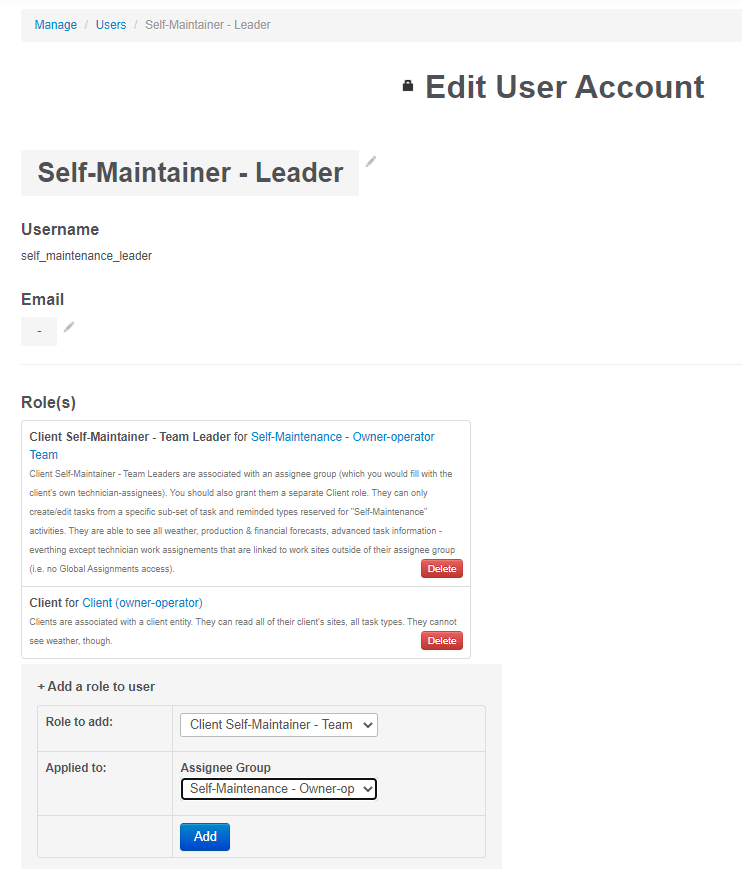 Client Self-Maintainer - Team Leader user account creation.